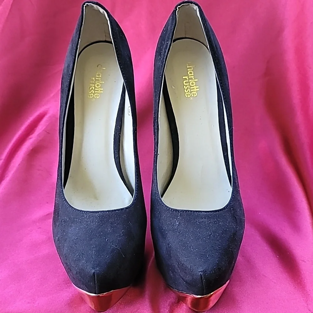 CHARLOTTE RUSSE sz9 suede platform stiletto with gold accents